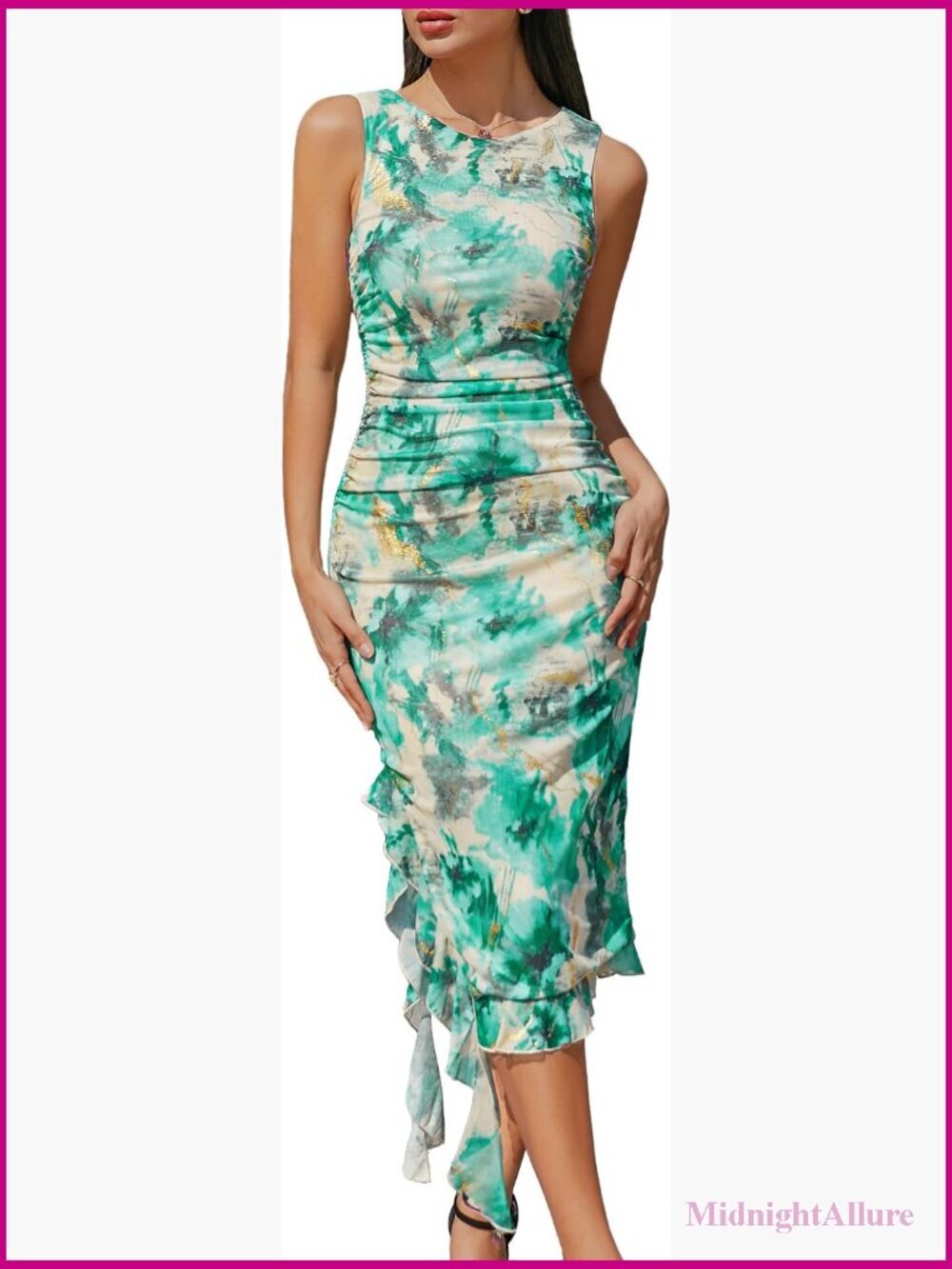 Ruched Bodycon Dress Sleeveless Ruffle Cocktail Party Midi Dress
